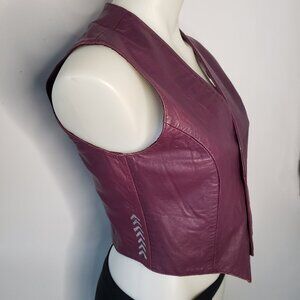 Vintage VTG Purple Leather Vest w Hand Painted Silver Details and Metal Snaps